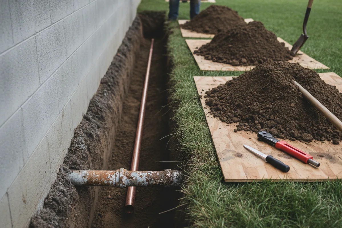 Excavated water line trench during Water Heater Repair in Pamplico